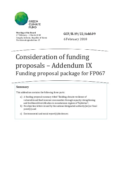 Document cover for Funding proposal package for FP067