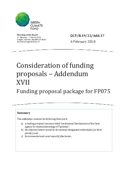 Document cover for Funding proposal package for FP075