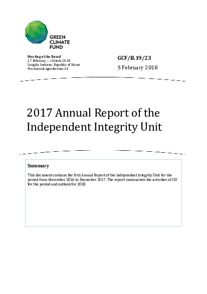 Document cover for 2017 Annual Report of the Independent Integrity Unit