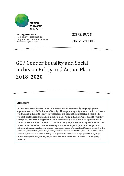 Document cover for GCF Gender Equality and Social Inclusion Policy and Action Plan 2018 – 2020