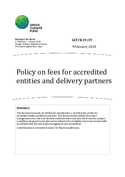Document cover for Policy on fees for accredited entities and delivery partners