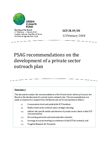 Document cover for PSAG recommendations on the development of a private sector outreach plan