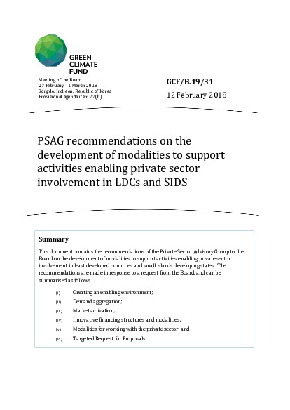 Document cover for PSAG recommendations on the development of modalities to support activities enabling private sector involvement in LDCs and SIDS