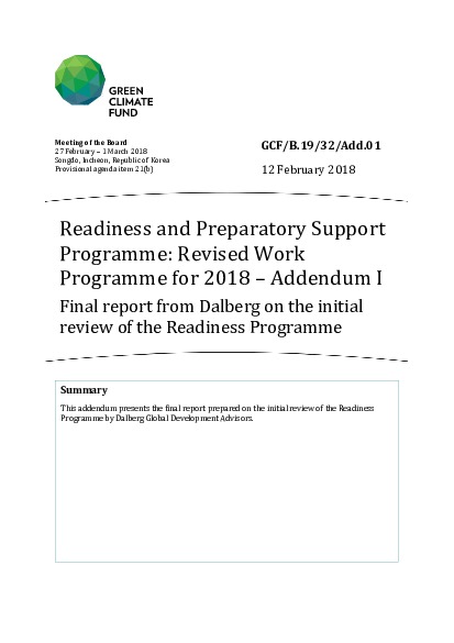 Document cover for Readiness and Preparatory Support Programme: Revised Work Programme for 2018 – Addendum I: Final report from Dalberg on the initial review of the Readiness Programme