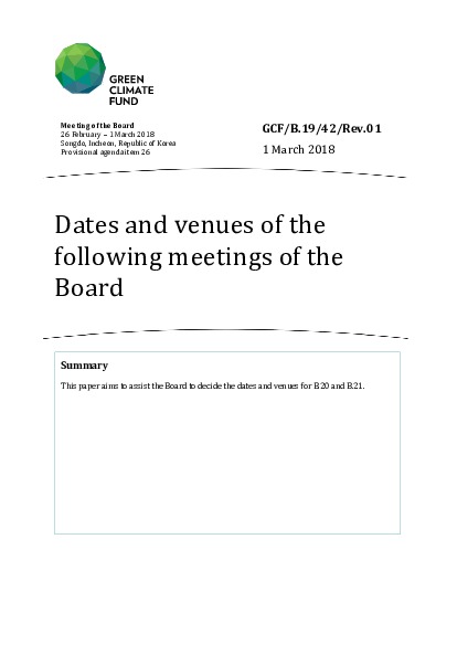 Document cover for Dates and venues of the following meetings of the Board