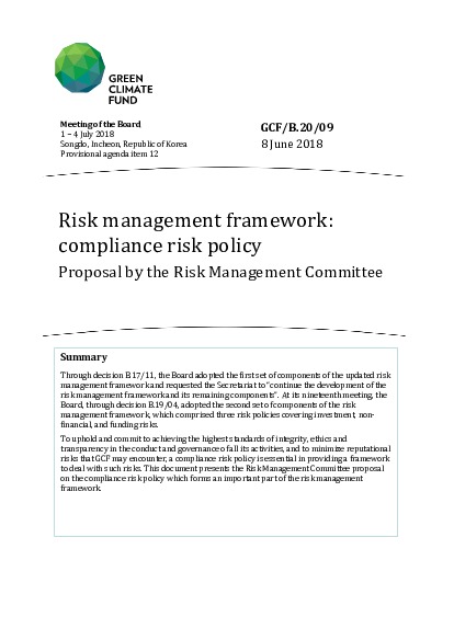 Document cover for Risk management framework: compliance risk policy - Proposal by the Risk Management Committee