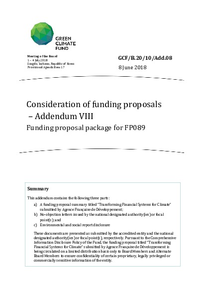 Document cover for Consideration of funding proposals – Addendum VIII Funding proposal package for FP089