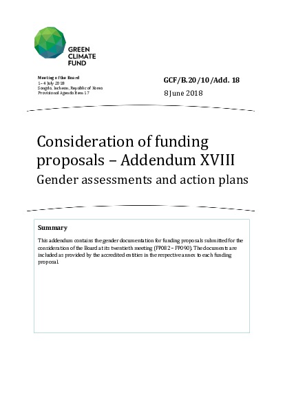 Document cover for Consideration of funding proposals – Addendum XVIII Gender assessments and action plans