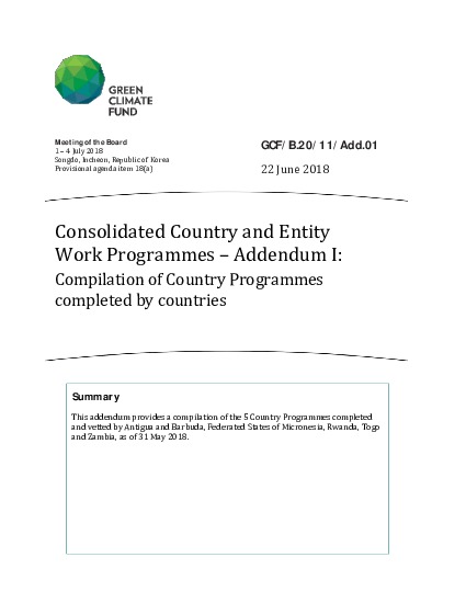 Document cover for Consolidated Country and Entity Work Programmes – Addendum I: Compilation of Country Programmes completed by countries