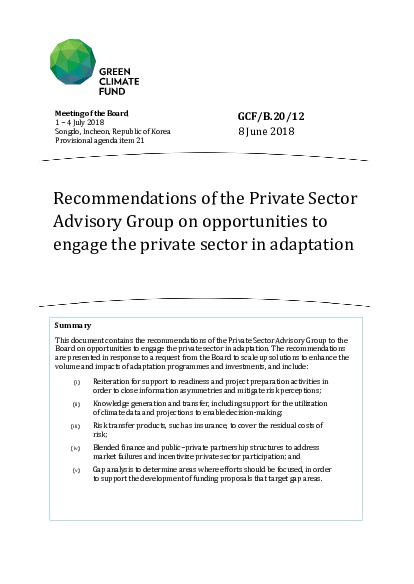 Document cover for Recommendations of the Private Sector Advisory Group on opportunities to engage the private sector in adaptation