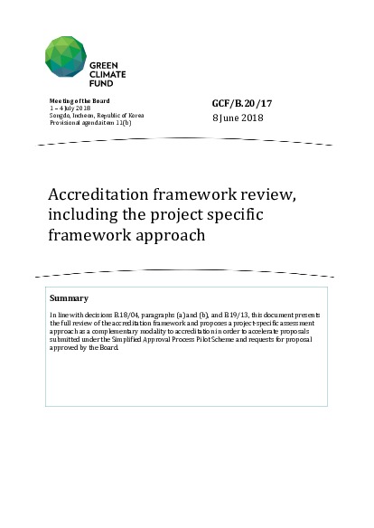 Document cover for Accreditation framework review, including the project specific framework approach