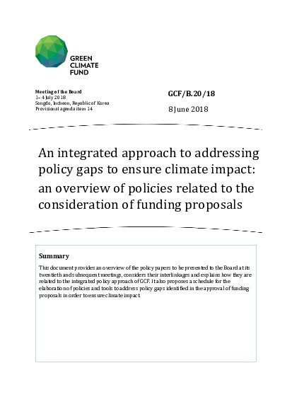 Document cover for An integrated approach to addressing policy gaps to ensure climate impact: an overview of policies related to the consideration of funding proposals