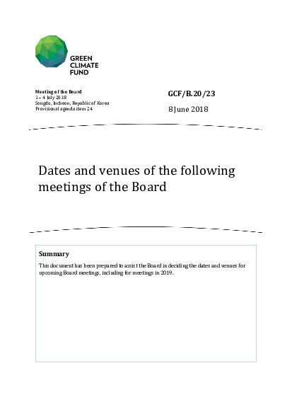 Document cover for Dates and venues of the following meetings of the Board