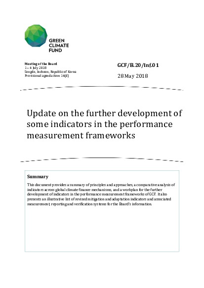 Document cover for Update on the further development of some indicators in the performance measurement frameworks