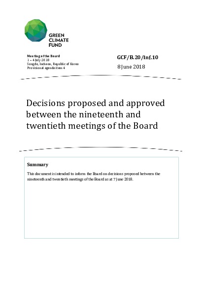 Document cover for Decisions proposed and approved between the nineteenth and twentieth meetings of the Board
