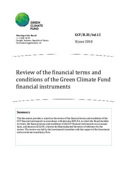 Document cover for Review of the financial terms and conditions of the Green Climate Fund financial instruments