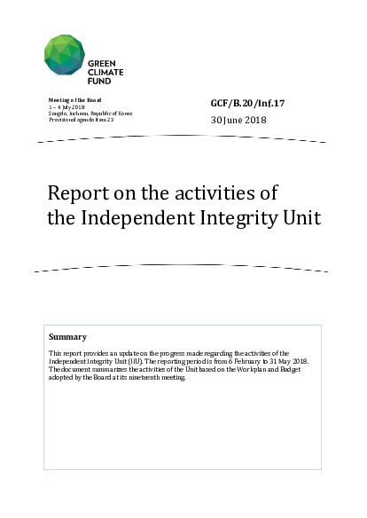 Document cover for Report on the activities of the Independent Integrity Unit