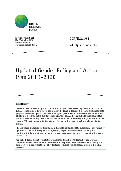 Document cover for Updated Gender Policy and Action Plan 2018–2020