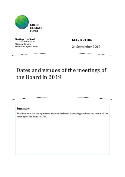 Document cover for Dates and venues of the meetings of the Board in 2019