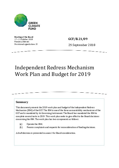 Document cover for Independent Redress Mechanism Work Plan and Budget for 2019