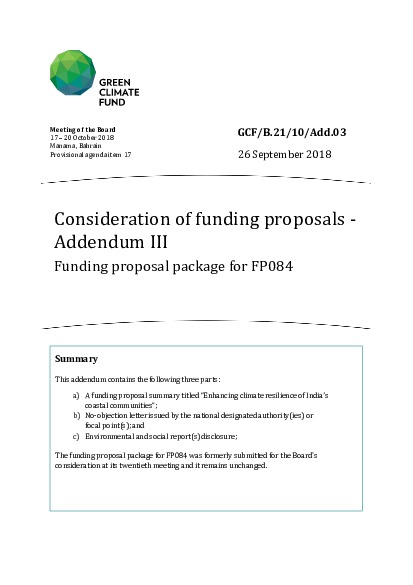 Document cover for Consideration of funding proposals - Addendum III Funding proposal package for FP084