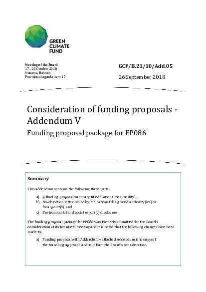 Document cover for Consideration of funding proposals - Addendum V Funding proposal package for FP086