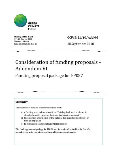 Document cover for Consideration of funding proposals - Addendum VI Funding proposal package for FP087