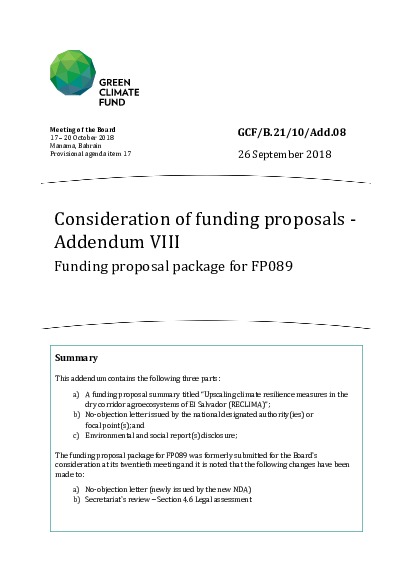 Document cover for Consideration of funding proposals - Addendum VIII Funding proposal package for FP089