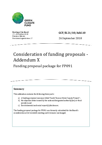 Document cover for Consideration of funding proposals - Addendum X Funding proposal package for FP091