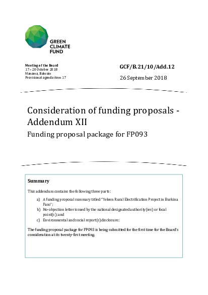 Document cover for Consideration of funding proposals - Addendum XII Funding proposal package for FP093