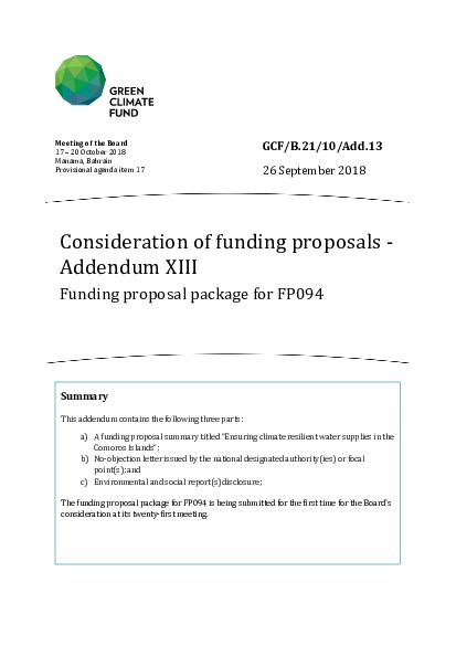 Document cover for Consideration of funding proposals - Addendum XIII Funding proposal package for FP094