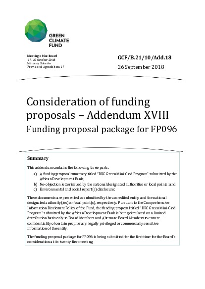 Document cover for Consideration of funding proposals – Addendum XVIII Funding proposal package for FP096