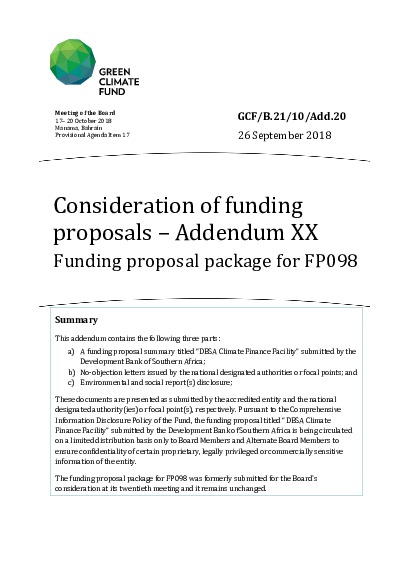 Document cover for Consideration of funding proposals – Addendum XX Funding proposal package for FP098