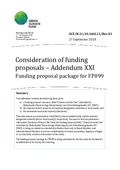 Document cover for Consideration of funding proposals – Addendum XXI: Funding proposal package for FP099