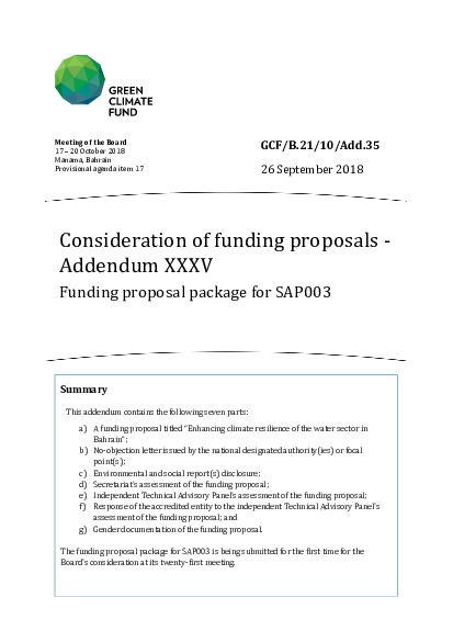 Document cover for Consideration of funding proposals - Addendum XXXV Funding proposal package for SAP003