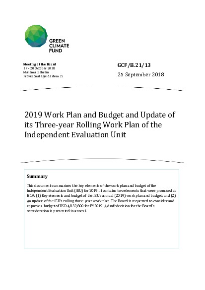Document cover for 2019 Work Plan and Budget and Update of its Three-year Rolling Work Plan of the Independent Evaluation Unit