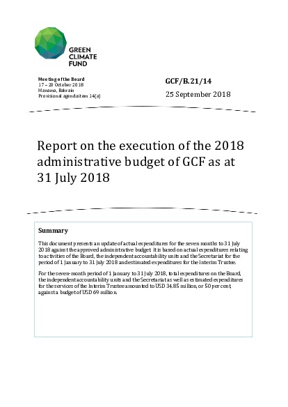 Document cover for Report on the execution of the 2018 administrative budget of GCF as at 31 July 2018