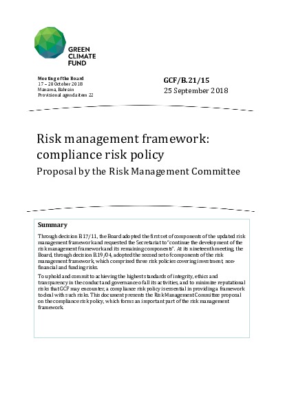 Document cover for Risk management framework: compliance risk policy - Proposal by the Risk Management Committee