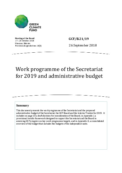 Document cover for Work programme of the Secretariat for 2019 and administrative budget