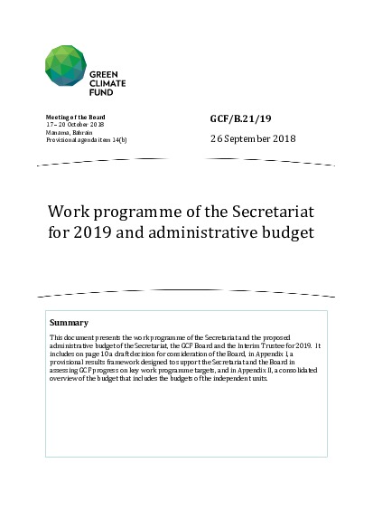 Download Work programme of the Secretariat for 2019 and administrative budget Document cover for Work programme of the Secretariat for 2019 and administrative budget