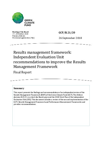 Document cover for Results management framework: Independent Evaluation Unit recommendations to improve the Results Management Framework - Final Report