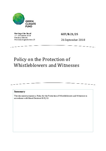 Document cover for Policy on the Protection of Whistleblowers and Witnesses