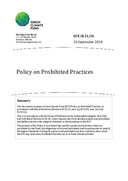 Document cover for Policy on Prohibited Practices