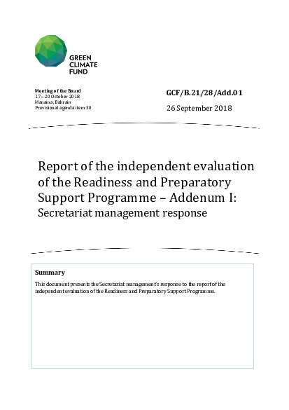 Document cover for Report of the independent evaluation of the Readiness and Preparatory Support Programme – Addenum I: Secretariat management response
