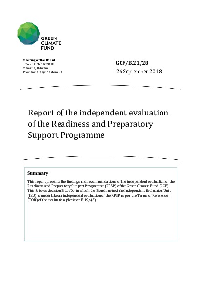 Document cover for Report of the independent evaluation of the Readiness and Preparatory Support Programme