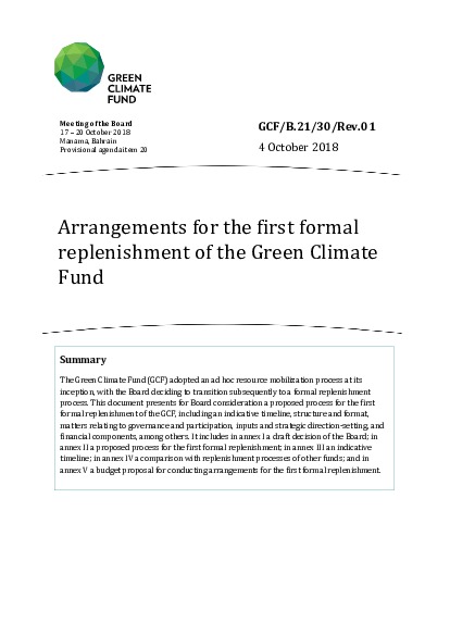 Download Arrangements for the first formal replenishment of the Green Climate Fund Document cover for Arrangements for the first formal replenishment of the Green Climate Fund