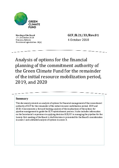 Document cover for Analysis of options for the financial planning of the commitment authority of the Green Climate Fund for the remainder of the initial resource mobilization period, 2019, and 2020