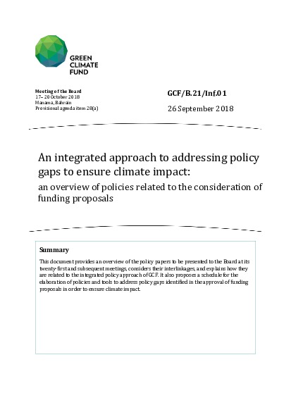 Document cover for An integrated approach to addressing policy gaps to ensure climate impact: an overview of policies related to the consideration of funding proposals