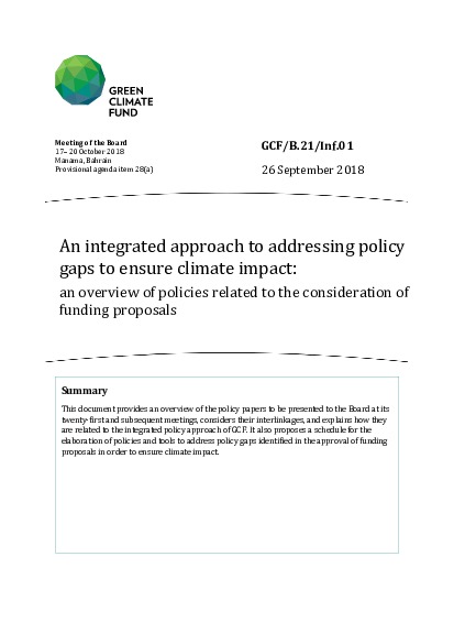 Download An integrated approach to addressing policy gaps to ensure climate impact: an overview of policies related to the consideration of funding proposals Document cover for An integrated approach to addressing policy gaps to ensure climate impact: an overview of policies related to the consideration of funding proposals