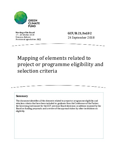 Document cover for Mapping of elements related to project or programme eligibility and selection criteria